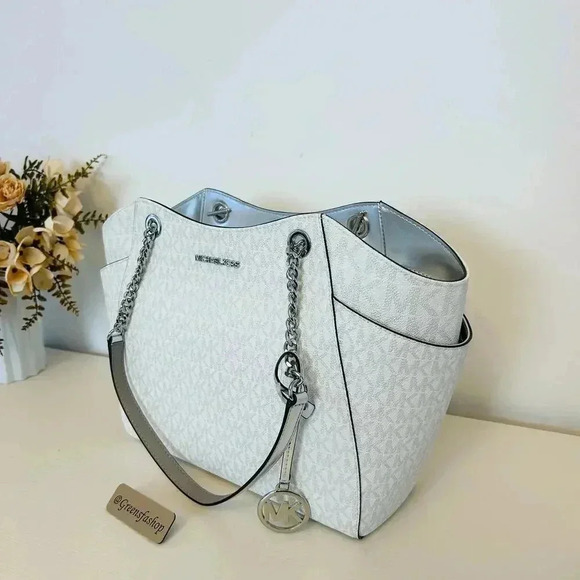 Michael Kors Purse jet set travel large chain tote shoulder bag silver - Picture 2 of 9